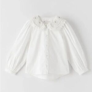 Zara Kids White Long Sleeve Button-Down Style with Pearl Lace Collar- Size 11–12